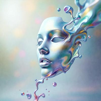The primary subject of the image is a close-up of a face, specifically a woman's face, with a mask-like appearance. The face is surrounded by a swirling, colorful background, which adds a sense of depth and visual interest to the scene. The visual style of the image is a combination of digital art and illustration, creating a unique and artistic representation of the face. The colors and mood of the image are vibrant and lively, with a focus on the woman's face as the